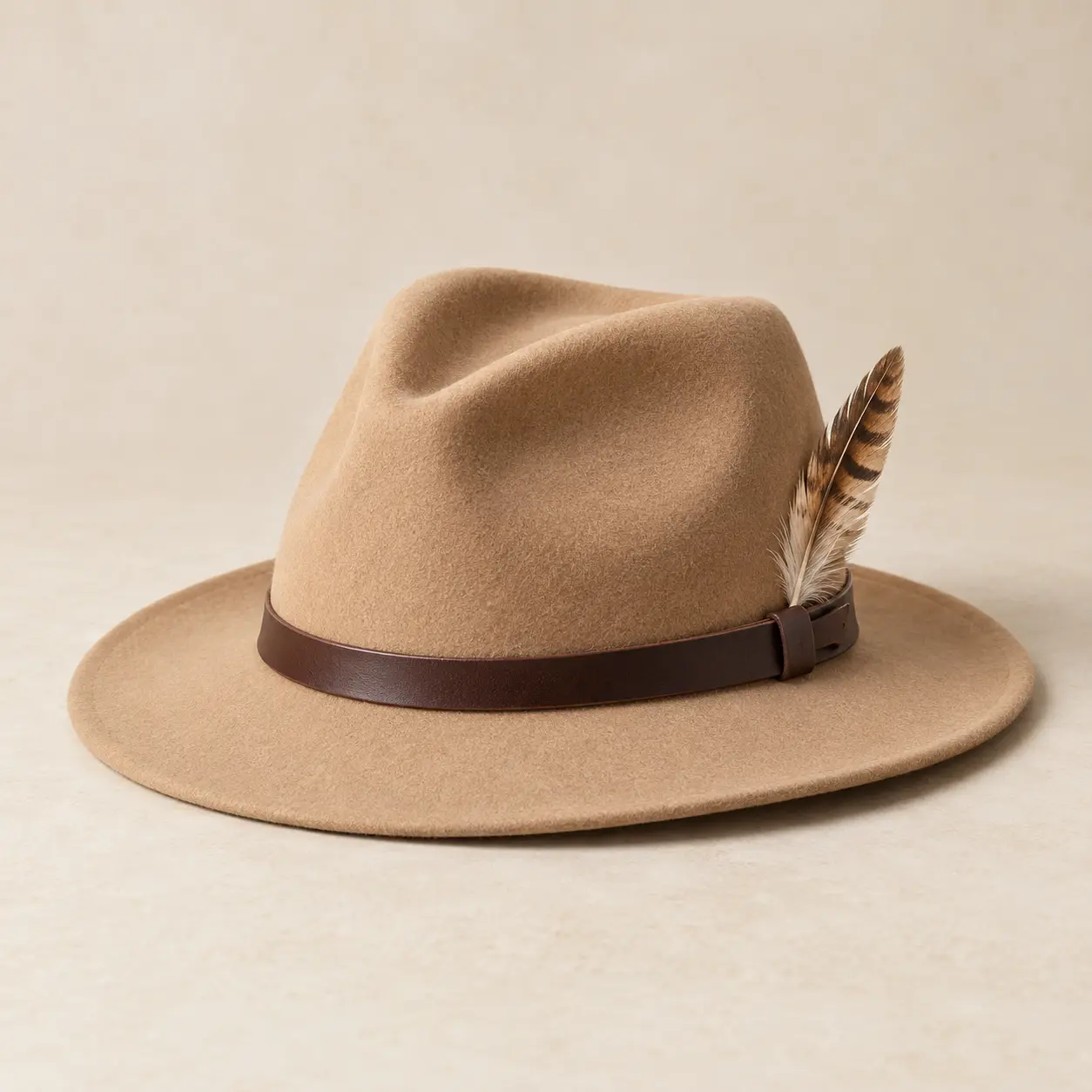 Concept image of a sand felt fedora with a leather band and feather quill