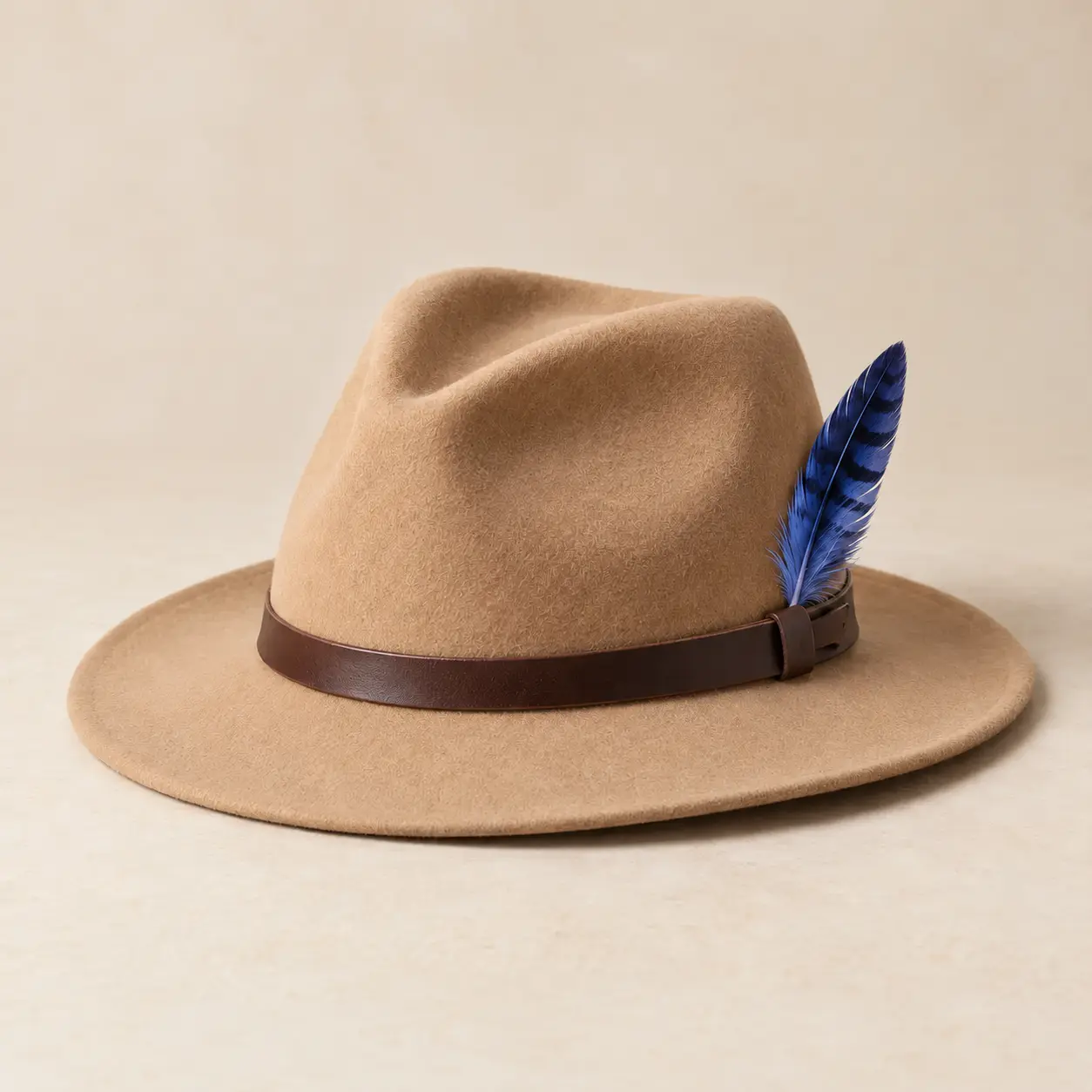 Concept felt fedora with an indigo blue feather