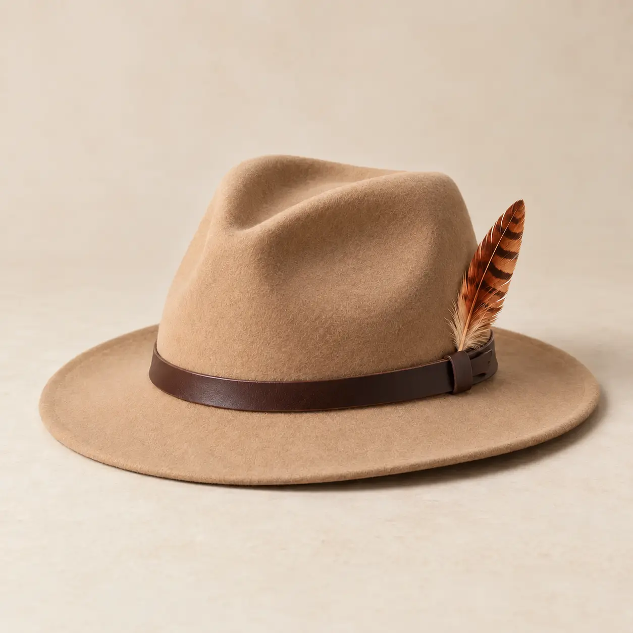 Concept felt fedora with a copper rust feather