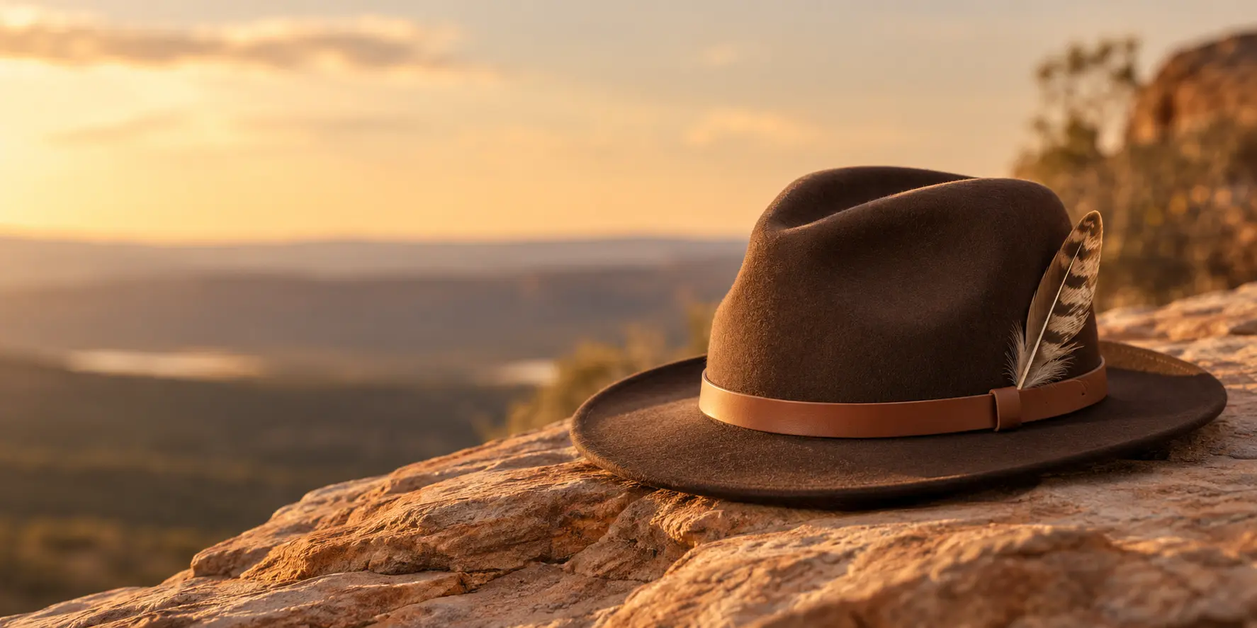 Concept image of a brown felt fedora with a feather quill on warm sandstone