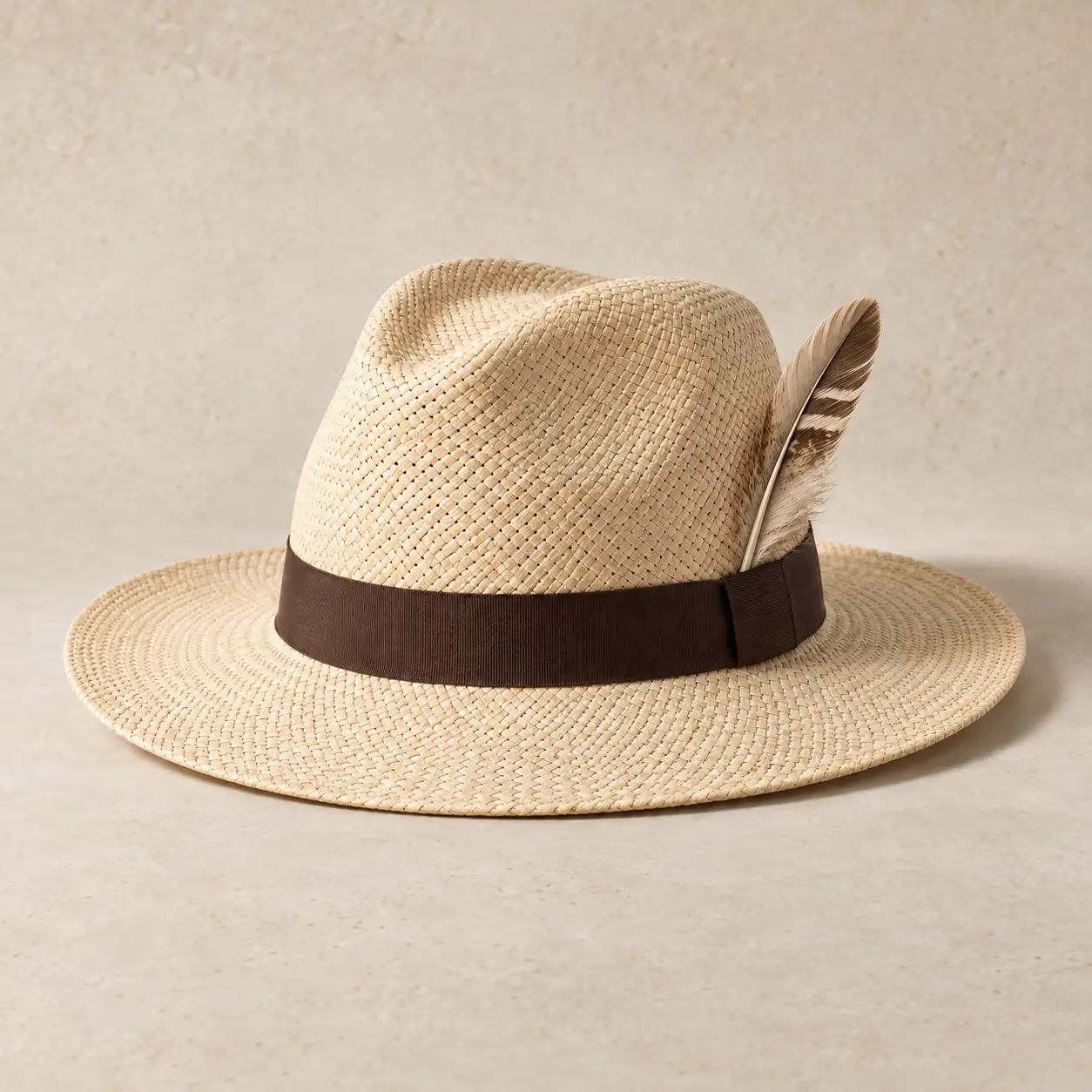 Concept image of a Panama-style hat with a dark band and feather quill