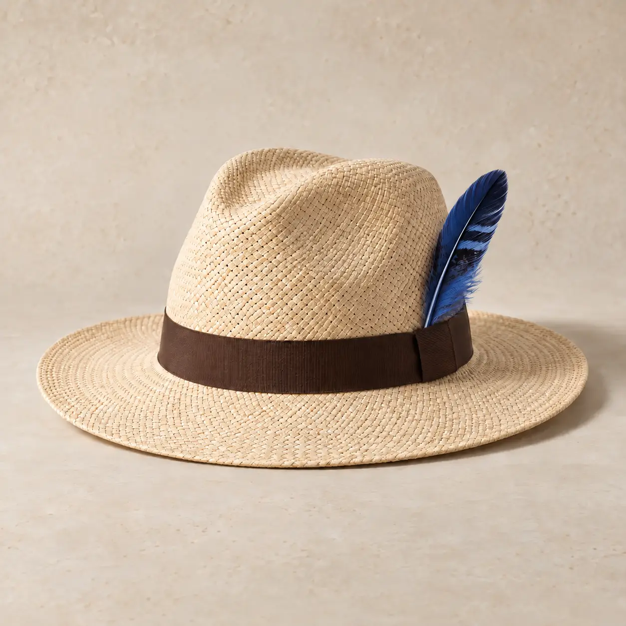 Concept of a Panama-style hat with an indigo feather quill