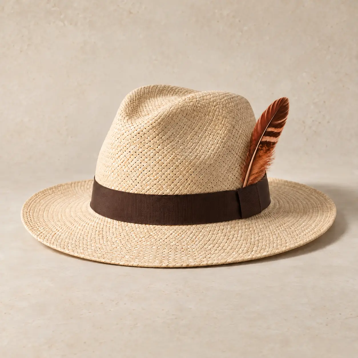 Concept Panama-style hat with a copper feather